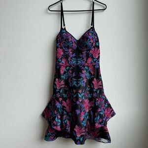 Marchesa Notte Embroidered Floral Appliqué Black Pink Party Guest Dress Size 2